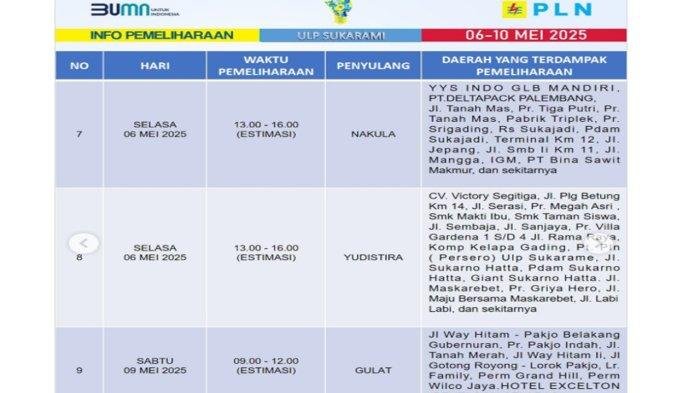 Pemadaman Listrik – Berdasarkan tangkapan layar dari akun Instagram resmi @pln_palembang pada hari ini (6 Mei 2025), berikut adalah daftar wilayah di Kota Palembang yang terdampak pemadaman listrik dari Selasa, 6 Mei hingga 10 Mei 2025.