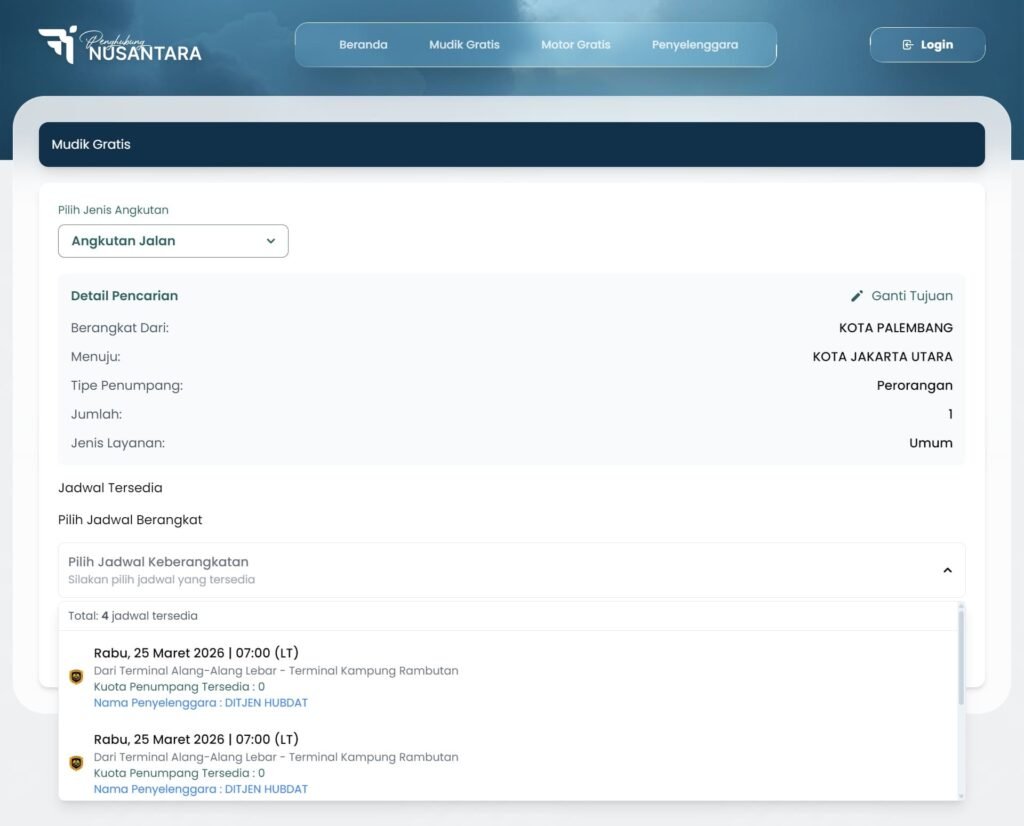 contoh pilihan jadwal mudik gratis 2026